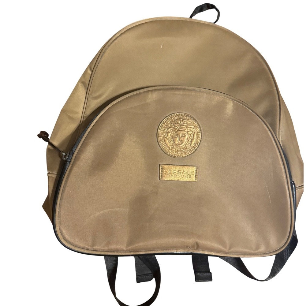 Versace Parfums Médusa Logo Backpack BookBag Tan Brown Shining Nylon Pre owned